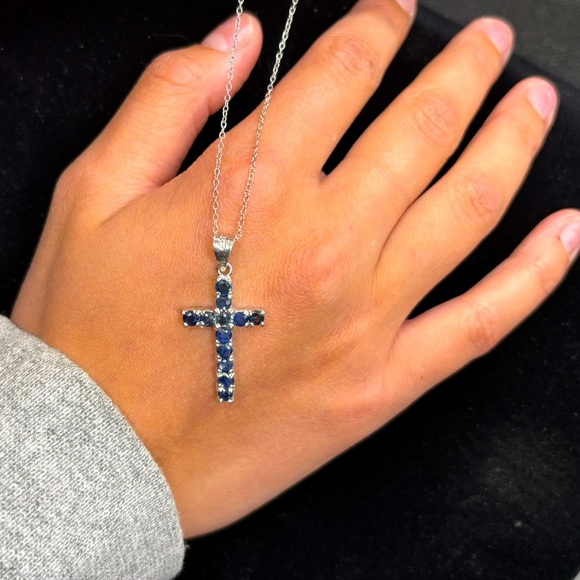 Silver Sapphire Cross on Sterling Silver Chain - Picture 1 of 5